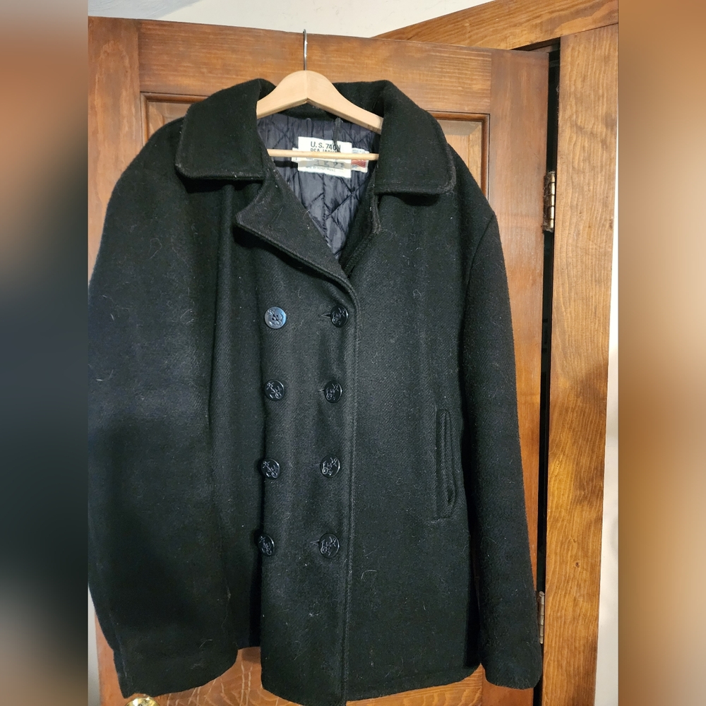 Vintage Schott Black Double-Breasted Pea Coat- Size 50- Very Heavy. Made In USA